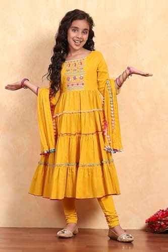 Biba Girl's Yellow Cotton Tiered Solid Suit Set 2