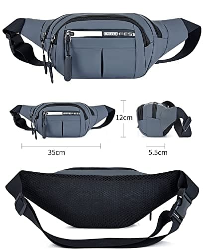 Wolpin Waist Bag for Men Women Grey | Travel Handy Hiking Running Pouch with Zipper | Adjustable Strap Fanny Pack for Documents Money Card Phone Earphone | Lightweight Sport Belt Bag 5