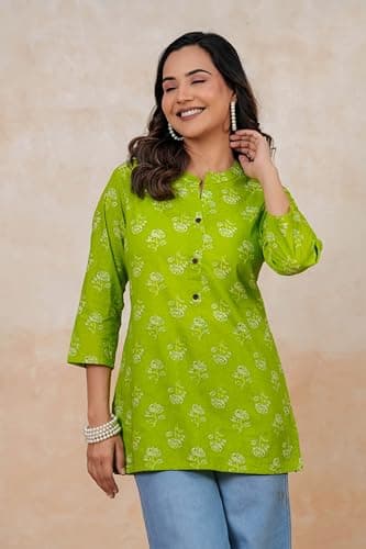 BLOCKS OF INDIA Short Kurti | Fluorescent Green Color | Women Casual Wear Outfit | Lightweight Fabric Comfortable Fit Stylish Design Summer Friendly Breathable Material Modern Look XL 2
