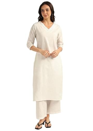 BLOCKS OF INDIA Women Cotton Solid Straight Kurta Set | Hand-Stitched Neck Details with Pintucks | Comfortable Pants with Pockets, Elastic Waist & Drawstring Fit(White Small)