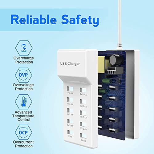 RuhZa USB Charging Stations 60w12A 10 Ports Multiple Charging Block/Power USB Strip for iPhone Android Smartphone Tablet Smart Watch Air-Pods Samsung and Multiple Charger Plug (RT-10P-USB-HUB-01) 4