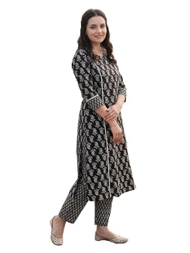 INDO ERA Women's Off White Cotton Blend Floral Printed Straight Fusion Kurta & Palazzo Set