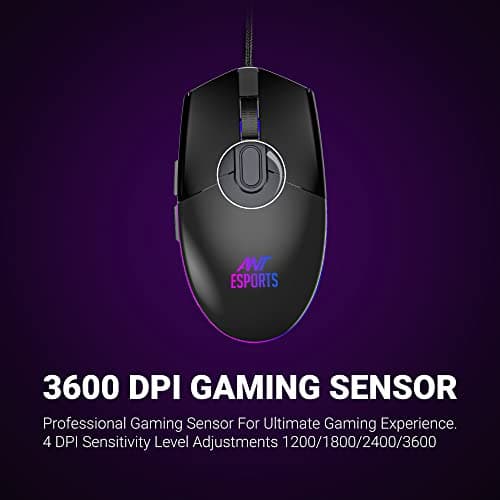 Ant Esports GM60 Wired Gaming Mouse, 3200 DPI Adjustable Optical Sensor, 6 Programmable Buttons, Multicolour LED Lighting, Ergonomic Design, USB Wired Mouse for PC/Laptop, Precision Gamer Mouse 4