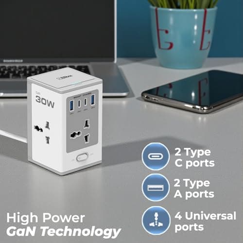 Embox 8-in-1 Gan Charger 30W Fast Charger | Type C USB 4 AC Sockets (2500W) Wireless Fast Charging | Multi-Port Desktop Charger for Laptop, iPhone, Android, Portable Charging Station, 5meter 3