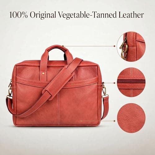 Labourish Genuine Leather Laptop Bag for Men, Vegetable-Tanned, Multiple Zipper Pockets, Adjustable Shoulder Strap, Classic Business Messenger Briefcase (Red) 6