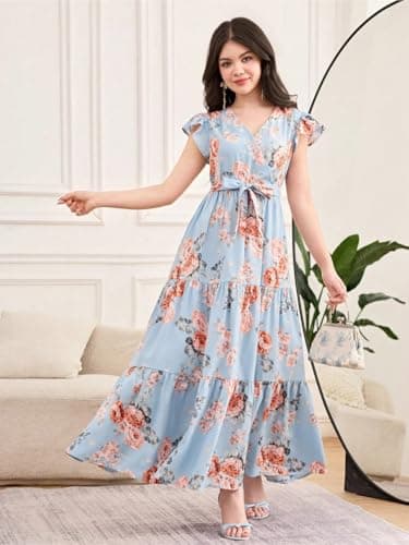 SKYCARRY Girls Cotton Floral Maxi V Neck Flutter Sleeve Tiered Skirt for Kids Blue Dress for Girl 12-13 Years and Ages 5 to 14 Years Birthday Outfit Stylish Frock 3