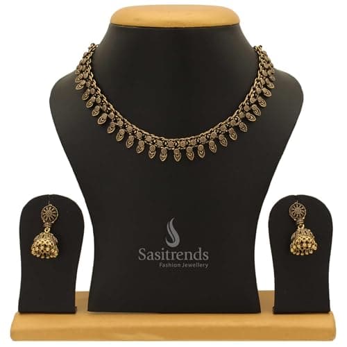 Sasitrends Oxidized German Antique Gold Necklace with Earrings for Women and Girls 3