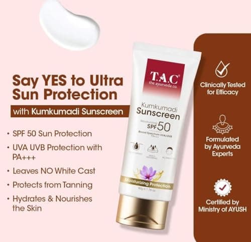 T.A.C - The Ayurveda Co. Kumkumadi Sunscreen SPF 50, Broad Spectrum UVA/UVB PA+++, Moisturising, All Skin Types, 50g 5