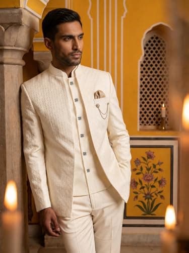 Jompers Cotton Blend Textured Indo-Western Set (White, M) 5