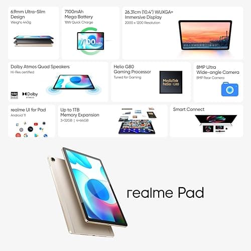 realme Pad Slim Wi-Fi+LTE (Golden, 3GB RAM, 32GB Storage) | 10.4" WUXGA+ Display | Helio G80 Processor | LTE + Wi-Fi, microSD 1TB | 7100mAh Battery | 18W Charging | Slim Metal Body | Dual Speakers 5