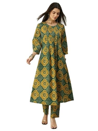 INDO ERA Women's Pure Cotton Printed Ethnic Motifs A-Line Kurta & Pant Set | Co Ord Set For Women Stylish