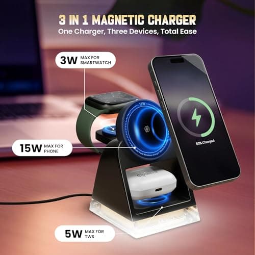 Mobilla MCharge Fusion | 3-in-1 Wireless Charger | 23W Combined Wireless Output | MagSafe Compatible | 15W Phone Charging | Dual Adaptive Lights | Sleek & Compact Design - Black 3