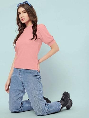 TwoWings India Women's LycraBlend Solid Round Neck Half Sleeve Top | Trendy Casual 5