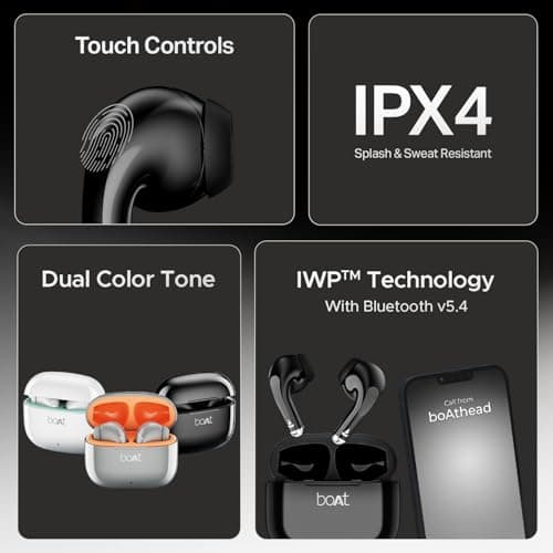 boAt Airdopes 101v2, 35H Battery, ENx Tech, 13mm Drivers, ASAP Charge, Flex-Fit Ear Tips,Stream Ad Free Music via App Support, Bluetooth Earbuds, TWS Ear Buds Wireless Earphones with mic (Pitch Black) 4