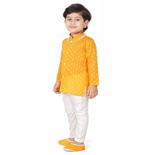 Earth Conscious Boys Kurta & Pyjama Gift Set | Yellow Full Sleeves Kurta with Pyjama | Premium Combo with Juti & Mala | Cotton Ethnic Wear Cothes for Kids | New Born Baby Dress 6-12 Months 4