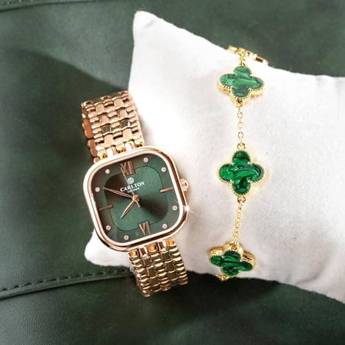 Carlton London Women Green Dial Watch and Bracelet | Stainless Steel, Premium, Stylish Analog Wrist Watch with Golden Strap & Bracelet Set, Elegant Quartz Timepiece | Water Resistant | Luxury Square W 3