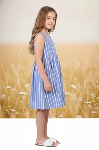 Cloth Bites Girls' Summer Cotton Striped Sleeveless A-Line Dress – Casual Button-Down Frock with Pockets Knee-Length Sundress for Kids Light Blue 3