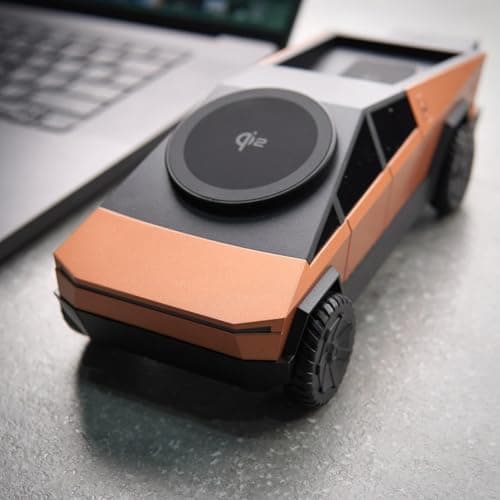 UPFATE Qi2 3-in-1 Wireless Charging Station | Fast Charger for Smartphone, Smartwatch & Earbuds | Cybertruck Inspired Futuristic Design with LED Indicator | Foldable Magnetic Charging Dock (Orange) 5