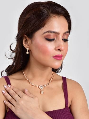 Nilu's Collection Stylish 18k Rose Gold Plated American Diamond Chain Pendent Necklace & Earrings Set for Women | Luxury AD Pendant Gift Set for Women (Premium Set 1) (Rose Gold) 2