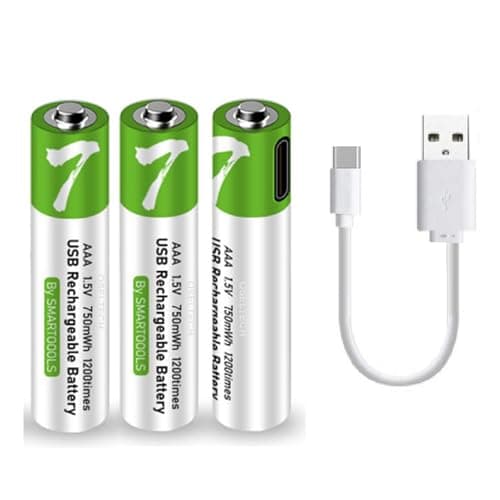 Rechargeable AAA Batteries 1.5V 750mWh USB Lithium ion Rechargeable AAA Battery with USB Type C Charging Cable, High Capacity Fast Charge, 1200 Cycles Constant Output, Over-Charge Protection Pack of 3