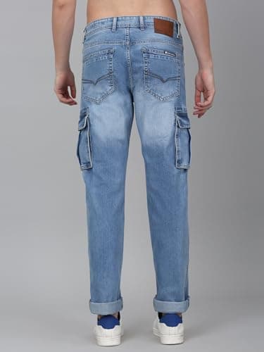 Cantabil Light-Blue Men Solid Full Length Regular Fit Denim Cargo Pant | Casual Denim Cargo Pant for Men | Denim Cargo Pant for Men (MCRG00011_LTHILLIUM_32) 4