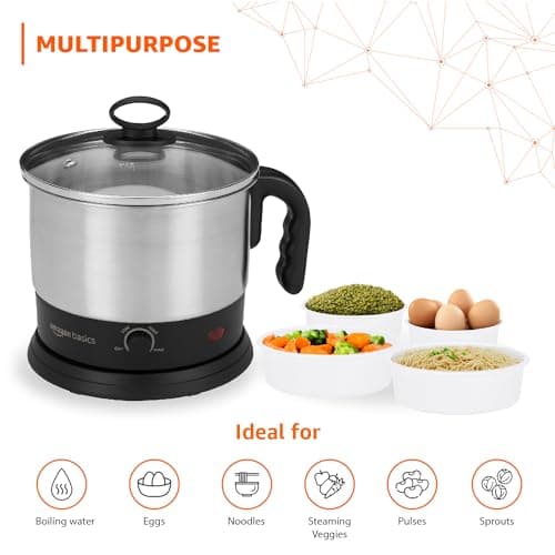 amazon basics Electric Multipurpose Kettle | for boiling Water, Eggs | Making Tea, Coffee| Stainless Steel Body with Automatic Shut-off | 18.3L x 15.7W x 19.1H cm | 1.2 L | 220 Volts | Silver, Black 4