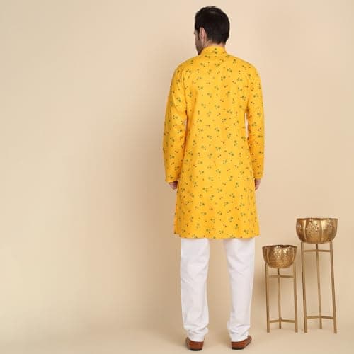 KRAFT INDIA Men's Cotton Printed Stylish Ethnic Wear Kurta Pyjama Set (Color-Yellow, Size-42) 4