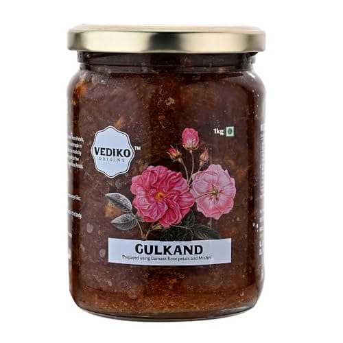 Vediko Origins Gulkand 1Kg Jar | 100% Sun-Cooked Pure Rose Petal Jam With No Artificial Flavors | Good Sweetened With Raw Sugar (Mishri) | Improves Digestion | Natural Coolant | A Healthy Dessert