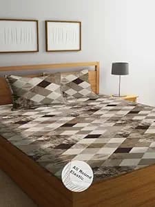 DECOMIZER Cotton Feel Glace Cotton Elastic Fitted Printed King Size Double Bed Bedsheet with 2 Pillow Coverm Fits Upto 8 inches Mattress,Size- 72x78x10 Inches,Coffee Cross Box,300TC