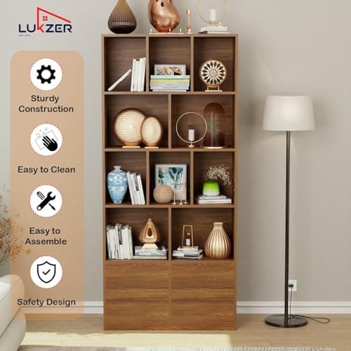 Lukzer 10 Open Cube Bookcase Storage Organizer with 2 Push Latch Doors Cabinet | Engineered Wood Multipurpose Bookshelf Display Rack for Home & Office | DIY Assembly (MR-033/Oak Brown/157x80x30 cm) 5