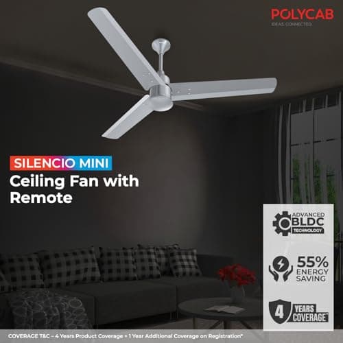Polycab Silencio Mini 1200mm 5-Star BLDC, Remote Ceiling fan for home | 55% Energy Saving, 100% Copper, High Speed, 25 Speed Setting, Reversable & Timer | 4-yr Warranty【Cool Grey】 2