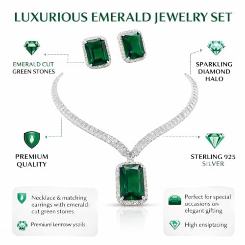 Daily Dish DD Emerald Stone Artificial Necklace Set for Women | Crystal Pendant Necklace with Matching Stud Earrings | Elegant Party & Wedding Jewelry Set for Women & Girls (Dark Green) 2