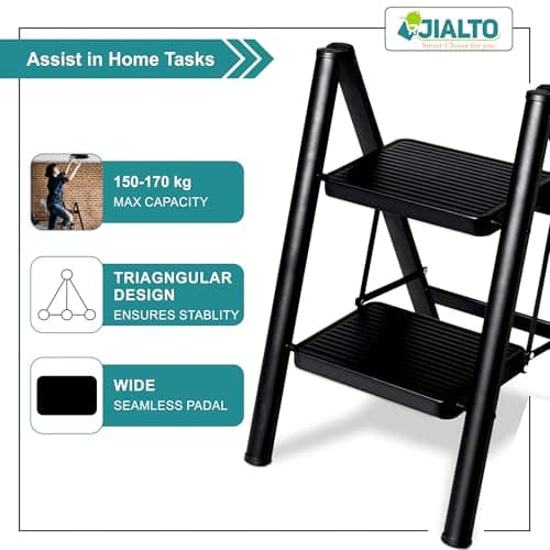 JIALTO 2 Step Metal Ladder for Home, Foldable Lightweight Stepping Stool with Wide Pedals, Anti Slip Heavy Duty 150 Kg Capacity, Portable for Kitchen, Office & Library (Black) 4
