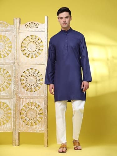 SKAVIJ Men's Casual Traditional Ethnic Straight Kurta Pyjama Regular Outfit Navy_Small 4