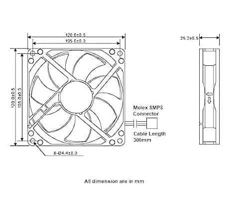 Fourdot® 120mm 5Inch Axial Cabinet Cooling Fan 12V Model-12025 (3000RPM Fan with Molex SMPS Connector) 4