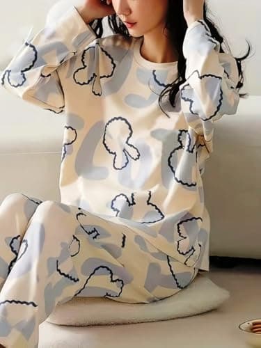GLASGO Women’s Cotton Pajama Set with Top & Pants|| Korean Night Suit|| Lightweight Printed Set || Soft & Comfy Sleepwear for Girls & Women || LNS-3-NAVYBLUE-2XL 3