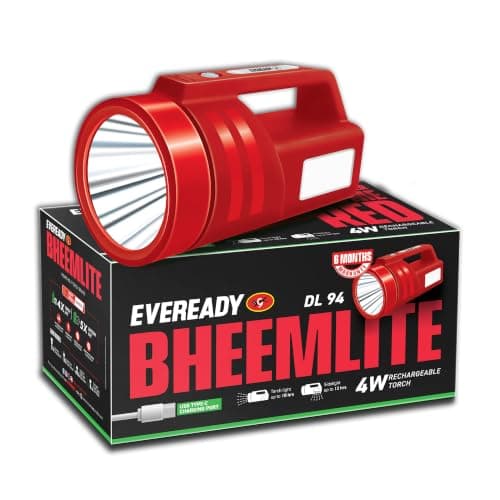 Eveready Bheemlite DL94, 4W Rechargeable LED Torch & 4W Sidelight, USB Type-C Fast Charging, 4 Light Modes, Overcharge & Deep Discharge Protection, Shoulder Strap Included, Powered by Li-ion Battery