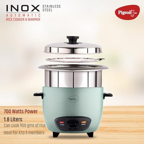 Pigeon Inox Rice Cooker with Double pot, 1.8 litres | Stainless Steel Lid | 700 Watts | 2 Steel Cooking Pot | Measuring Cup | Spatula | Energy Efficient Cooking 3