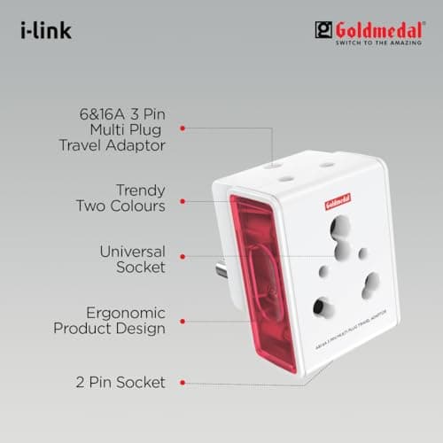 Goldmedal i-Link 16A Universal Travel Adapter with 3-Pin Plug | Supports 2-Pin & 3-Pin | Multiplug for Home & Office Appliances | White 3