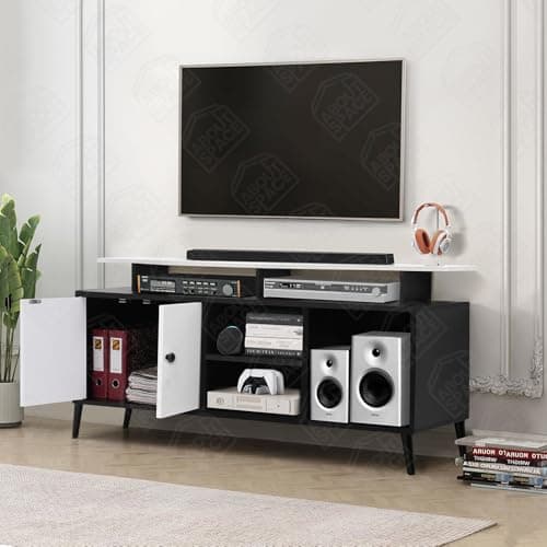 ABOUT SPACE TV Unit for Living Room - Engineered Wood DIY TV Stand with Cable Hole Cabinet with Door, Adjustable Shelf, Open Display Shelves for WiFi Router Stand (Black & White- L140 x B40 x H64 cm) 3