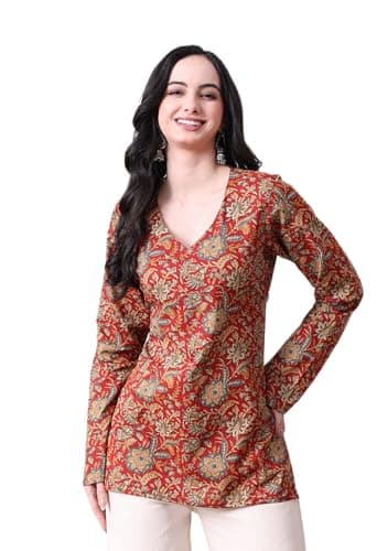 MEERA FAB Women's Floral Printed Cotton Short Kurta | Floral Printed Kurta with Full Sleeves | Short Kurti for Women Maroon