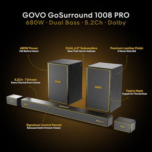 GOVO GoSurround 1008 Pro, 5.2 Channel, 680W Soundbar with True Dolby Audio®, 6.5” Dual Subwoofer, Wired Rear Satellites, HDMI/Optical/AUX/USB/Bluetooth, 3 EQ Modes, LED Display – Platinum Black 5
