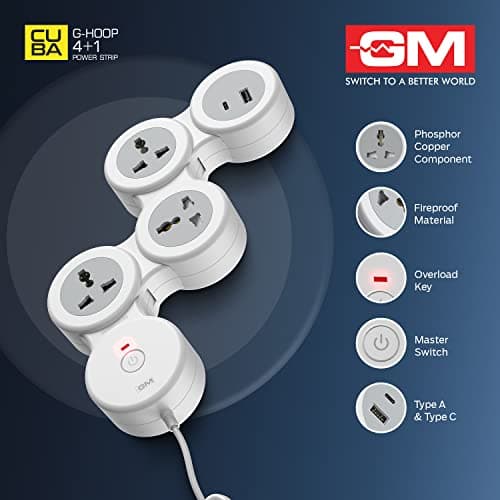 GM G-Hoop 4+1 Multi Plug Extension Board with 2 Metre Cord | Type-C & A USB Port | Smart Spike Guard with Switch, LED Indicator & Safety Shutters | Best for Desk, TV, Office & Charging Station 4