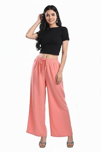 Oxinexx Solid Flared Palazzo Pant for Women Soft Breathable Viscose Rayon Straight Loose Fit Wide Leg Ethnic Set Perfect Office Formal Wear Salmon Pink 4