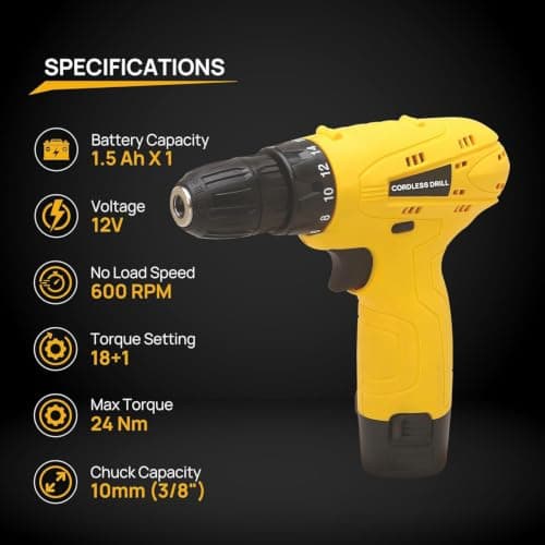 Bullet 12V Cordless Drill Machine for Wall, Wood & Metal | Drill & Screwdriver with 10mm Keyless Chuck, 24 Nm Torque, 600 RPM, 18+1 Clutch & Forward/Reverse | 1.5Ah Battery, Charger & LED Light 4