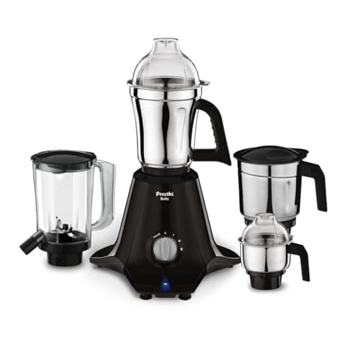 Preethi Boltz 1000 Watts Mixer Grinder, 4 Jars (3 Stainless Steel Jars, Blender Jar), Powerful Grinding for Masalas, Chutneys and Batters, 2 Year Warranty, Lifelong Free Service, Black