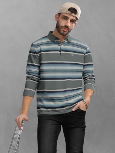 BULLMER Striped Textured Printed Polo Neck Fullsleeve T-Shirt with Rib for Men_Sky Blue_Large 5