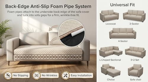 KINGLY Sofa Cover 5 Seater Set 3+1+1 Fully Covered - Royal Ivory Damask Quilted Traditional Couch Cover with PVC Pipe Anti Skid 5