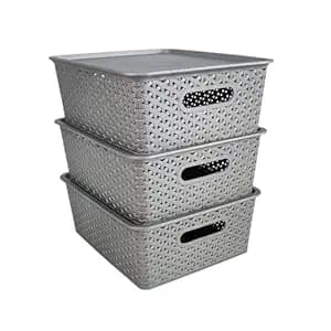 Homestrap Set of 3 Plastic Storage Organizers/Baskets With Lid For Kitchen, Clothes, Multipurpose Vegetables, Toys, Books, Office, Stationery, Wardrobe (Medium | Grey), Rectangular
