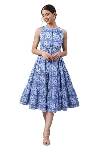 Janasya Women's Blue Pure Cotton Floral Printed Tiered Dress (JAA26DR04599-JA-L)